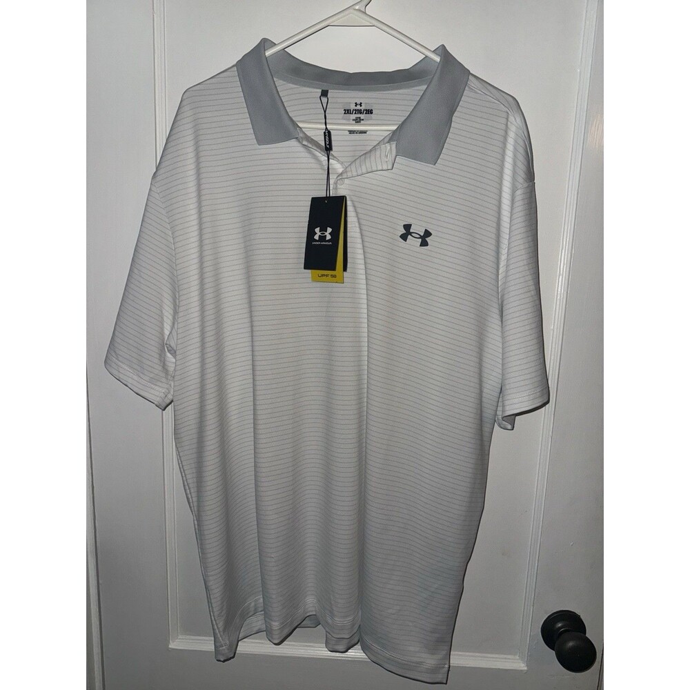 NWT Under Armour Golf Mens Size 2XL Loose Fit Polo Shirt White Striped
